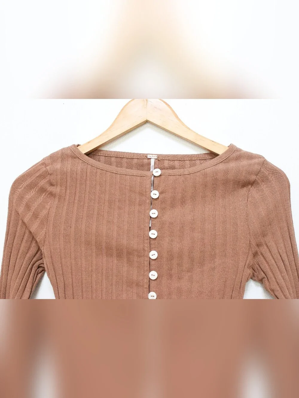 Free People Tilly Ribbed Cardigan Button Front Top Mocha Brown Size XS Y2K - Picture 5 of 10